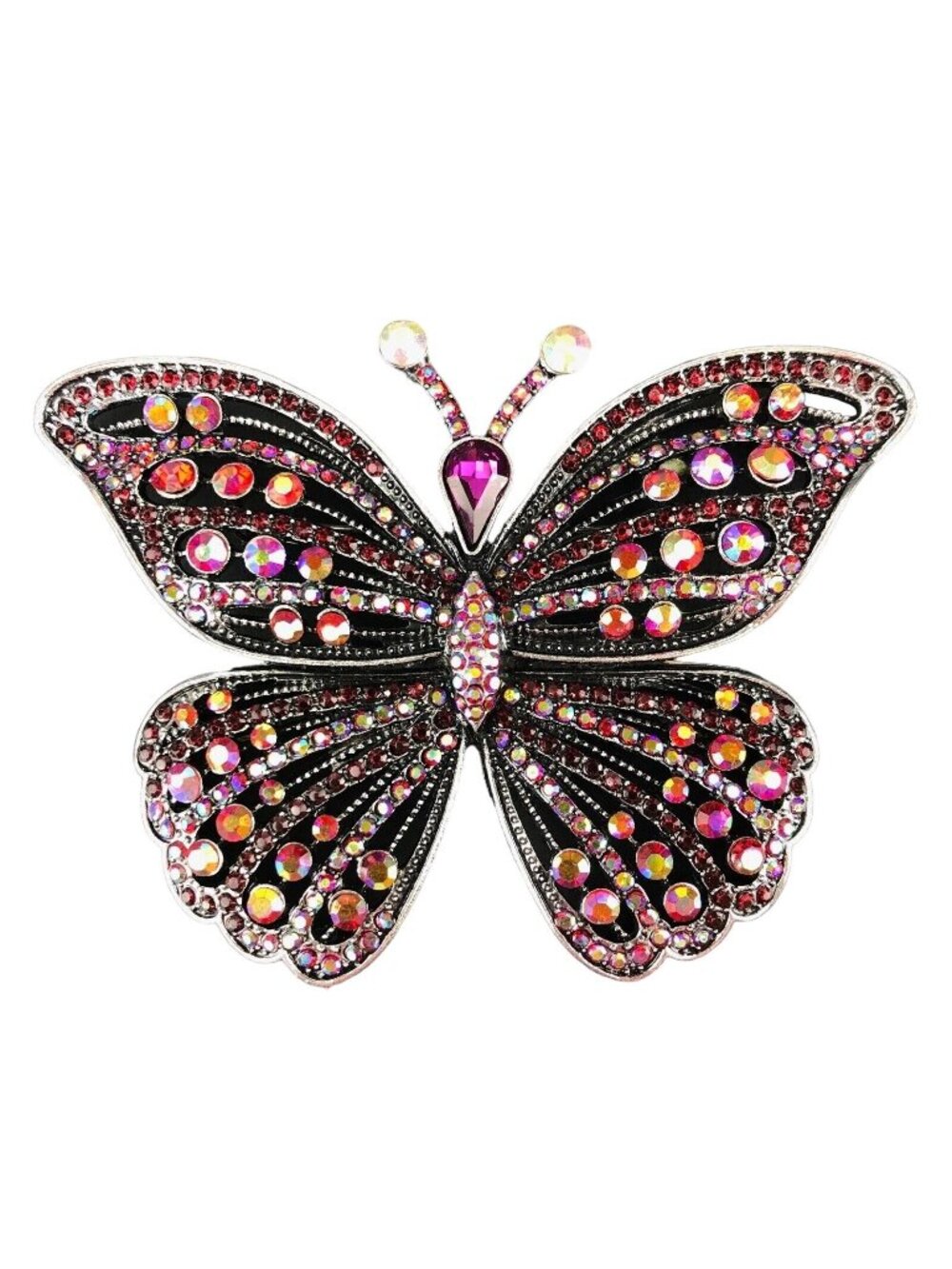 Large Iridescent Red & Pink Rhinestone Butterfly Silver-tone Brooch Pin